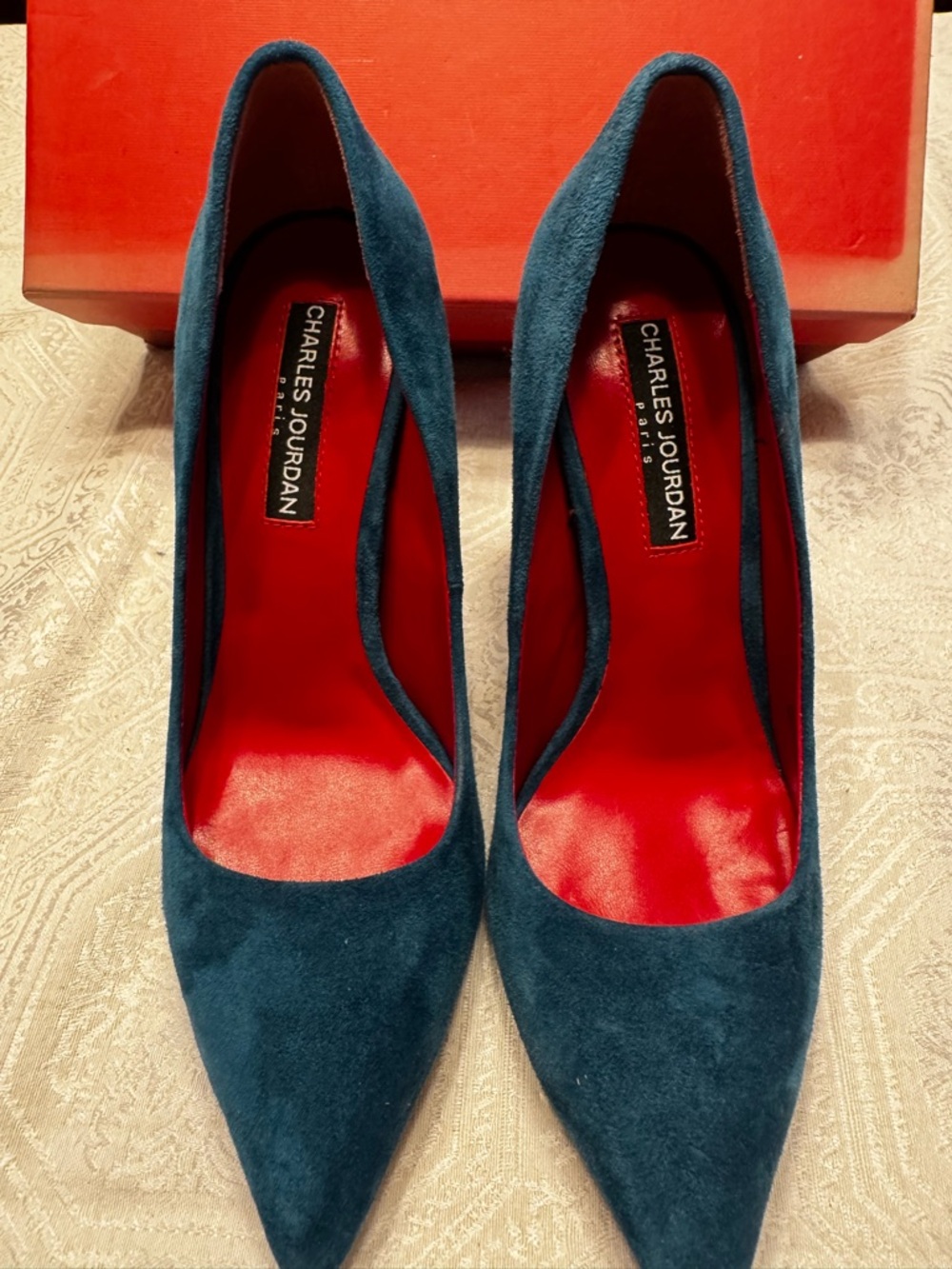 Vintage Charles Jourdan Teal Suede Pointed Toe Pumps